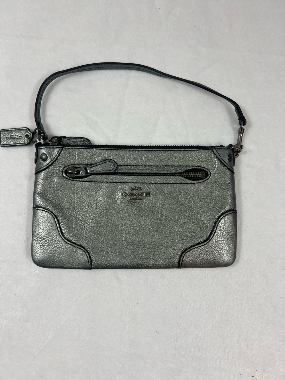 Coach Metallic Gunmetal Leather Wristlet
